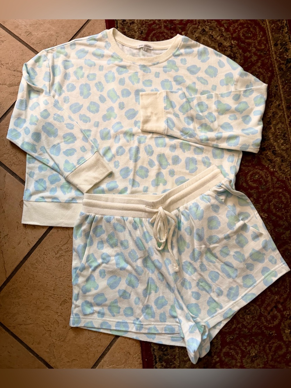 Mary Square Pajama Shorts Set, Size Large, Blue & Green Leopard Print, NWOT